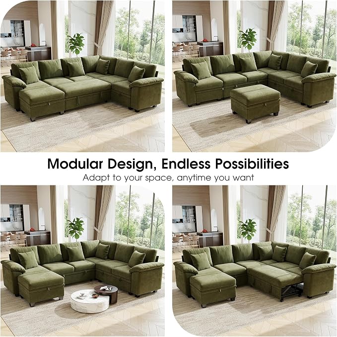 107.8" Modular Sectional Sleeper Sofa with Pull Out Bed, U Shaped 7 Seat Couch with 221L Storage, Convertible Cloud Couch Bed with Ottoman, Sectional Couches for Living Room, Apartment (Green)