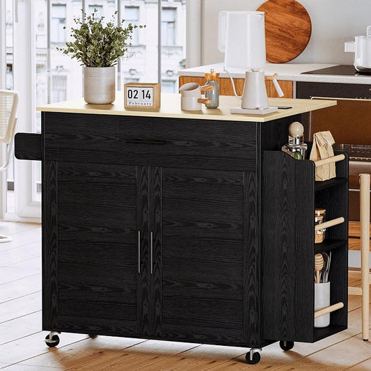 IRONCK Kitchen Island with Storage, Rolling Kitchen Island on Wheels with Drop Leaf, Charging Station, 3 Open Spice Rack, Cabinet, Drawer, Kitchen Cart Island Table for Kitchen, Black