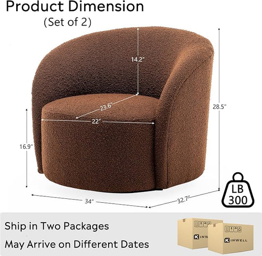 KINWELL 34" W Swivel Barrel Chair Set of 2, Mid Century Modern Round Upholstered Boucle Swivel Accent Chairs, No Assembly Sofa Chair for Living Room Bedroom Reading, Brown