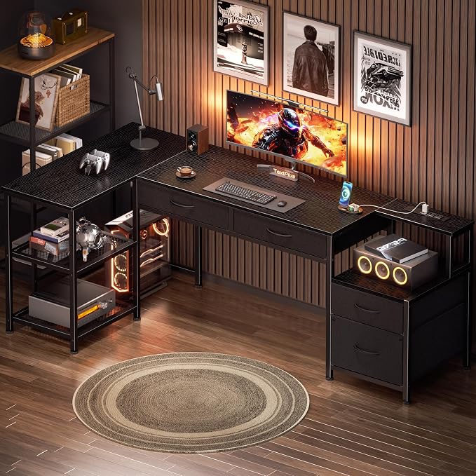 Korfile 65 Inch L Shaped Computer Desk with Power Outlets, Reversible Home Office Desk with 4 Fabric Drawers & 2 Adjustable Mesh Shelves, Corner Study Work Desk with Larger Storage, Black