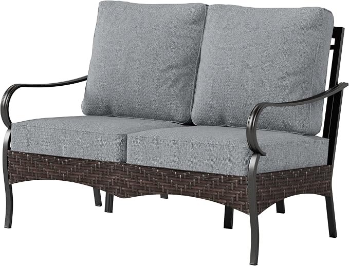PHI VILLA Wicker & Metal Outdoor 2-Seat Patio Couch,Patio Sofa Loveseat with Deep Seating for Front Porch, Deck, Balcony, Backyard, Sunroom,Grey