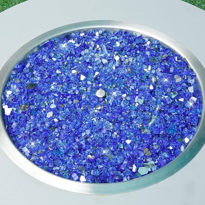 Skyflame 15LB Fire Glass for Propane Fire Pit, 1/2 Inch Cobalt Blue Reflective Glass Rocks, Fireplace Fire Table Decorative