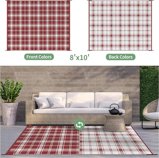 GENIMO Waterproof Outdoor Rug for Patio Clearance, 9'x12' Reversible Plastic Straw Rugs, Lightweight RV Camping Mat for Camper, Balcony, Deck, Backyard, Picnic, Red White Plaid