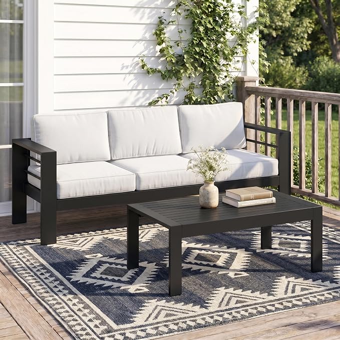 Solaste Aluminum Patio Sofa with Coffee Table,2 PCS Patio Furniture Set with Cushions, All-Weather Outdoor Sofa for Balcony, Deck, Backyard, Porch, Garden, Light Grey