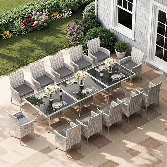 15-Piece Patio Dining Set, Patio Furniture Set with Square Tempered Glass Table & 12 Wicker Chairs, Expandable Design for Larger Groups, Outdoor Furniture for Backyard, Deck, Garden, Grey
