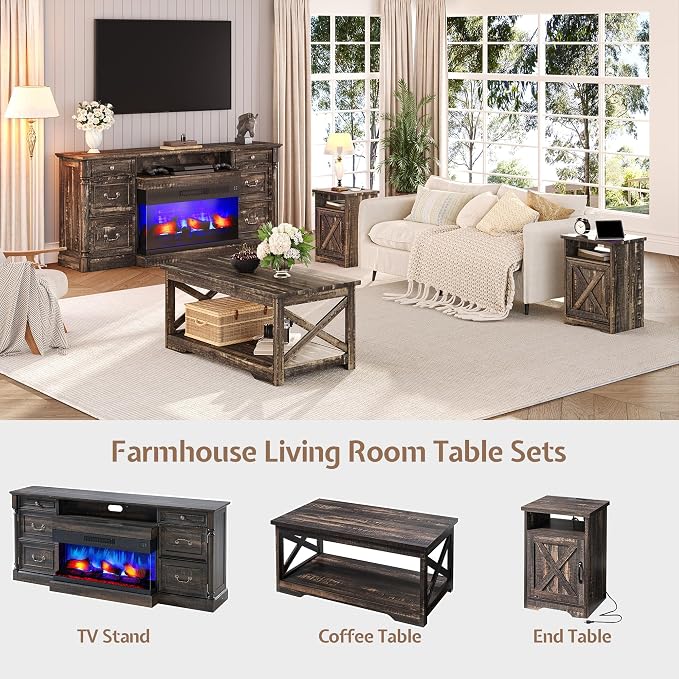 LUXOAK 3-Piece Farmhouse Living Room Table Sets, Includes 1 x Coffee Table, 2 x End Tables with Charging Station & USB Ports, Rustic Coffee Table Set of 3, Black Oak