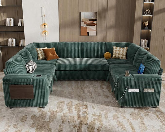 WEUP 111" Modular Sectional Sleeper Sofa with Pull Out Bed, 8 Seat Plush Corduroy U Shaped Couch with Storage Chaise|USB Ports|Cup Holders|Side Table|Storage Armrests, Tool Free Assembly, Green