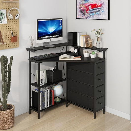 VENNQD Corner Desk with Drawers Shelves for Small Space 90 Degrees Triangle Computer Desk with Power Outlets,Gaming Desk with LED Lights Monitor Stand for Home Office Workstation Writing Table (Black)