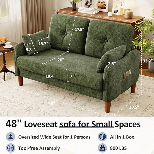 Vipbear 48" Loveseat Sofa,Modern Small Couches for Small Spaces,Green Chenille Love Seat Couch for Living Room,Bedroom,Apartment,Office,Deep Seat,Throw Pillow,Side Pockets,Curved Armrest