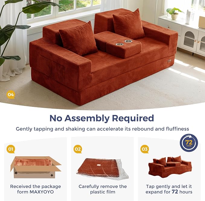 MAXYOYO Convertible Sofa Bed, 80" Oversized Boneless Loveseat Couch 4 in 1 Foldable Floor Sofa Couch in A Box with 2 Cup Holders, Folding Chair for Living Room, No Assembly Required, Orange