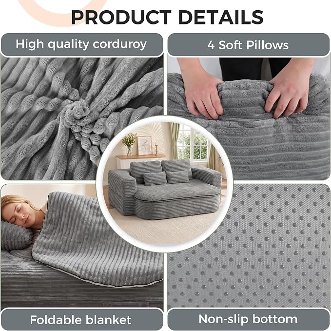 75" Boneless Couch Bed, Corduroy Fold Up Sleeper Sofa for Adults, Memory Foam Frameless Floor Couch with 4 Pillows & Blanket, No Assembly Foldable Guest Bed for Apartment,Living Room