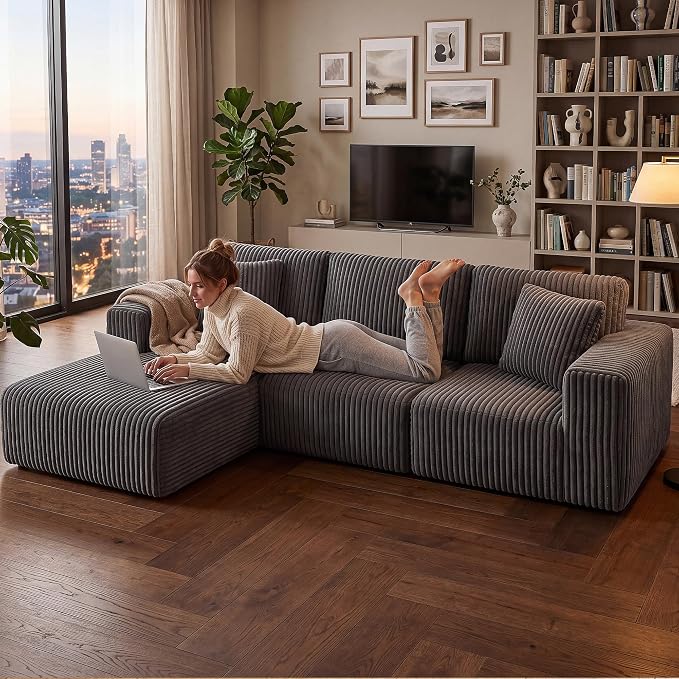 GRUSIGN 107'' Cloud Sectional Boneless Couches for Living Room, Modular L Shaped Couch with Deep Seat Oversized Left Facing Chaise, Memory Foam Compressed Spineless 3 Seater Sofa, Wide-Striped Grey
