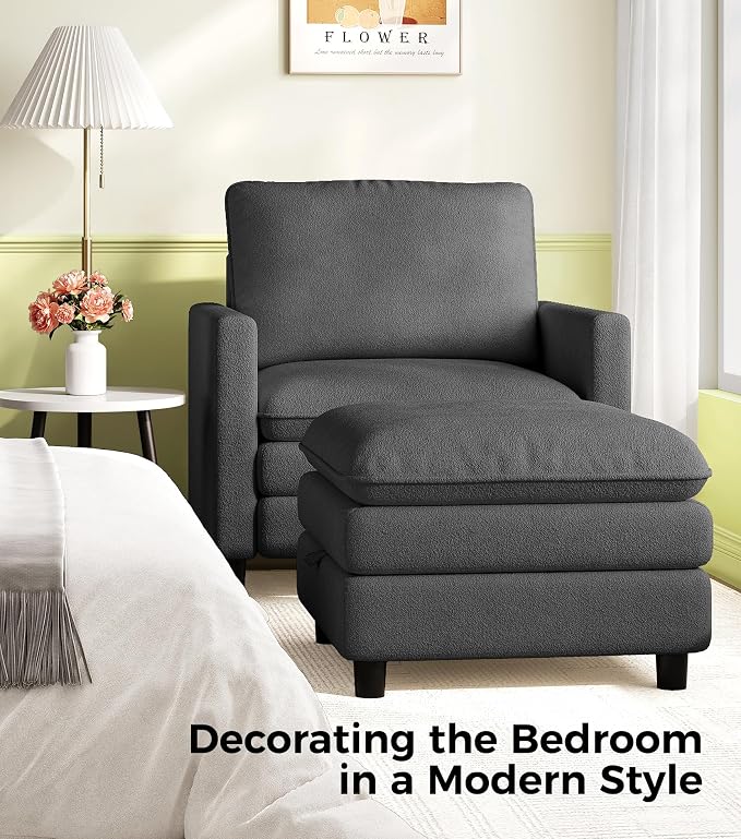 Welzona 3-Layers Cloud Accent Chair with Ottoman, 33" Comfy Reading Chair for Bedroom, Living Room, Tool-Free Assembly with Teddy Fabric Arm Chairs and Ottoman Set, Grey, Removable Washable Cover