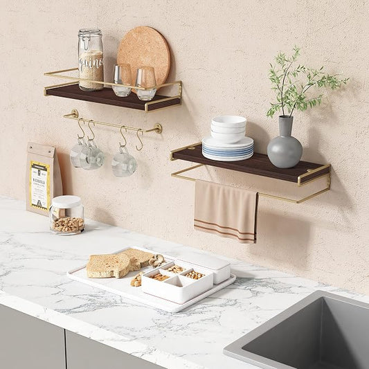 Floating Shelves Bathroom Shelves Over Toilet Set of 2, Bathroom Wall Shelves with Towel Bar, Wall Mounted Vanity Shelf for Bedroom, Kids Room, Kitchen (Brown & Gold)
