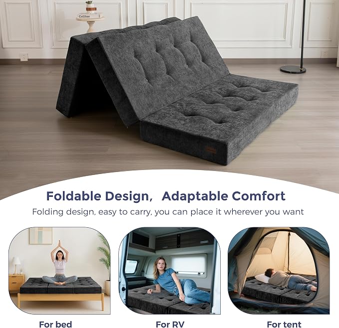 MAXYOYO 6" Folding Sofa Bed for Floor, Tufted Tri-Fold Floor Mattress with Chenille Fabric, Twin Size Portable Sofa Couch Guest Mat for Adults, Foldable Topper for Camping, Dark Grey, 35.4"x75"