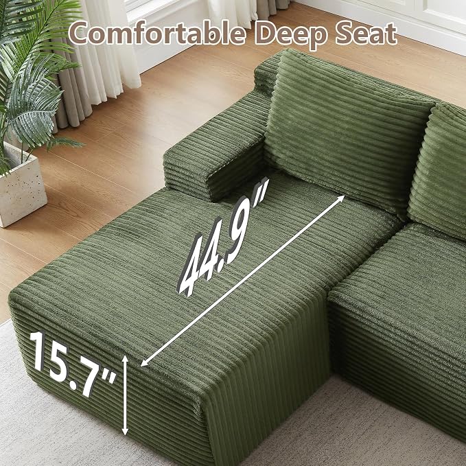 96" Cloud Sectional Couch with L-Shape Chaise, Modular Comfy Sofa Chaise Longue, Upholstered Corduroy Couches Sleeper with Deep Seat for Living Room Bedroom, No Assembly Required(Green, Left Facing)