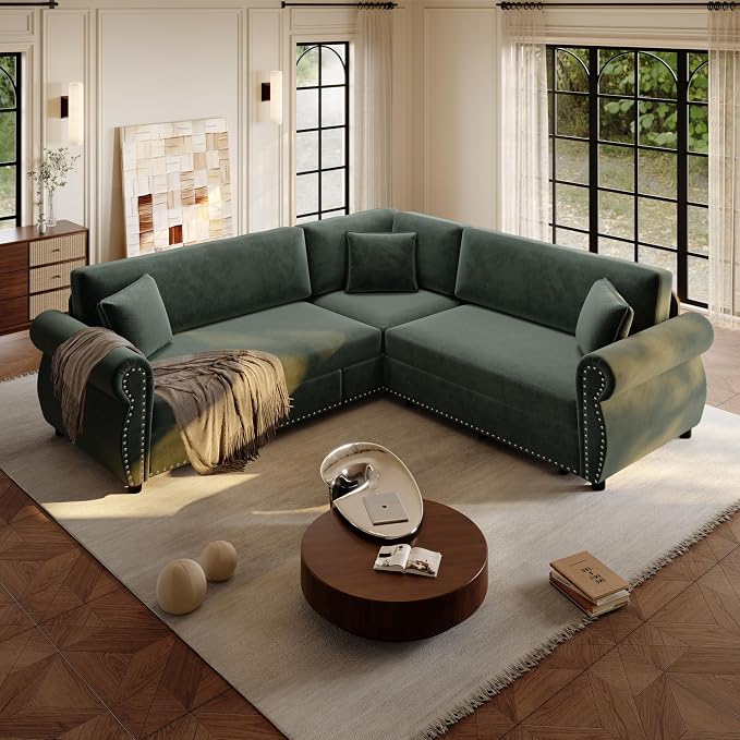 88.2" Sectional Sleeper Sofa with Pull Out Bed - Oversize L-Shaped Convertible Sleeper Couch Bed, Button Tufted Chesterfield Sofa, Chenille Vintage Couches for Living Room/Apartment(4-Seater, Green) | Pull Out couch Bed