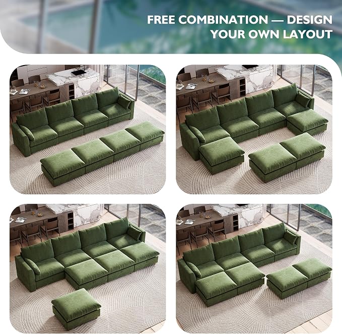 Ihanherry 152" Oversized Modular Sectional Sofa, Modern Cloud Couch with 4 Storage Ottoman, 8-Seat Comfy Chenille Deep Seat Sofa with 2 Pillows for Living Room, Green