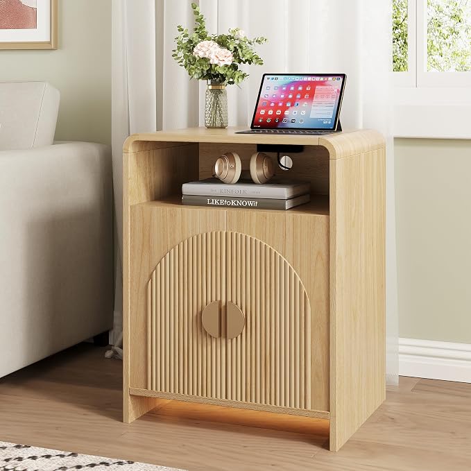 Nightstand with Charging Station and LED Lights, Night Stands with Adjustable Storage Cabinet, Modern Side Table with Fluted Doors and Open Storage, Bedside Table for Bedroom, Natural