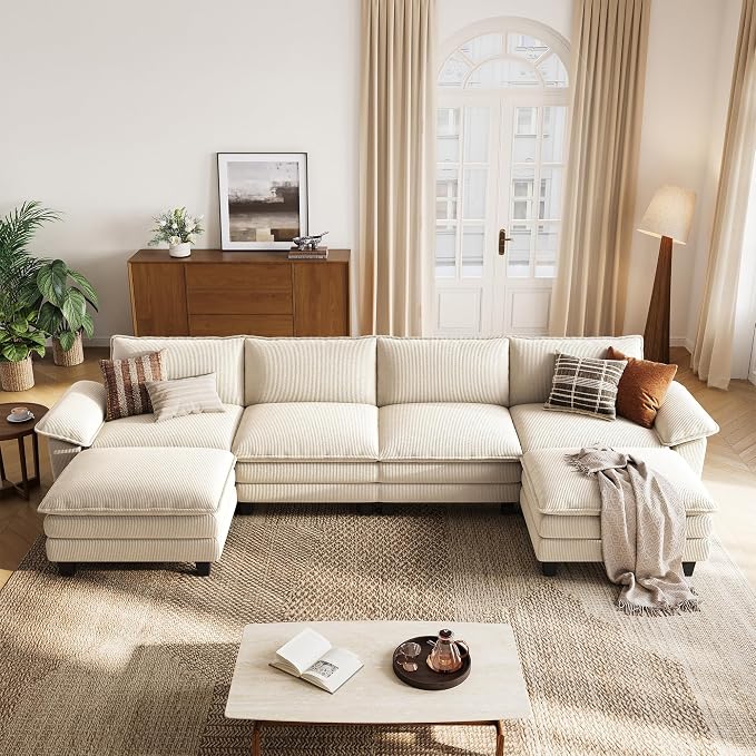 LINSY HOME 157'' Modular Sectional Sofa 4 Seat Couch Corduroy Cloud Couch with Deep Seat, Modern U-Shaped Cloud Couch with 2 Movable Ottoman for Living Room, Office, Bedroom, Beige