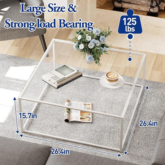 Glass Coffee Table Square Coffee Table for Small Space,Modern Minimalist Center Table for Living Room Home Office,Tempered Glass-top with Sturdy Metal Frame,Easy Assembly,27 x 27In, White