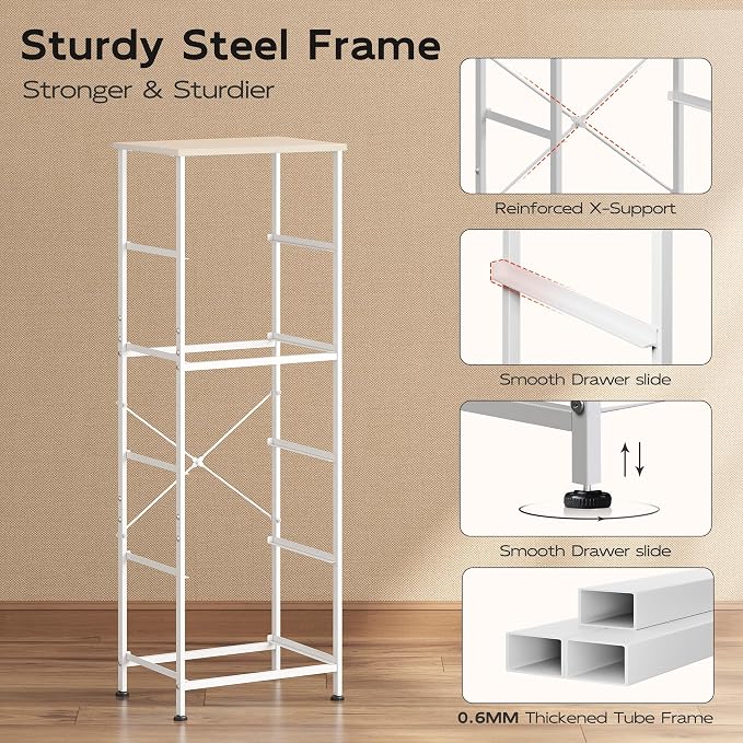 WLIVE Fabric Dresser, 5-Drawer Tall Dressers for Bedroom, Storage Dresser Organizer with Fabric Bins, Wood Top, Sturdy Steel Frame, Chest of Drawers for Closet, Hallway, Light Grey