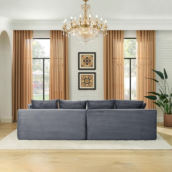 115" U-Shaped Cloud Sectional Couch, Modular Compressed Boneless Sectional Sofa W/Reversible Ottoman Chaise Lounge, Plush Corduroy Boneless Symmetrical Sofa for Living Room