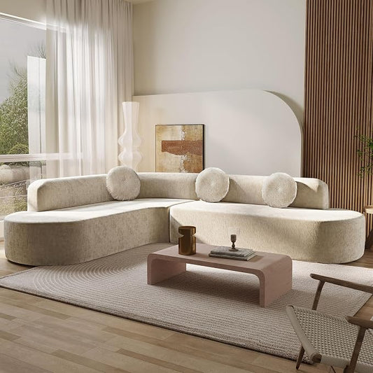 122'' Sectional Sofa,Extra Large Sofa with Soft Fabric Upholstery, Elegant Curved Design with Three Round Cushions, High-Resilience Foam for Ultimate Comfort,Sand