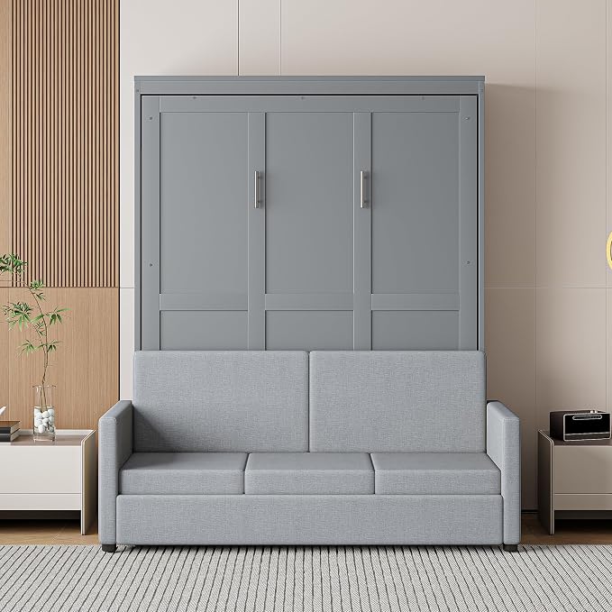 Ball & Cast Murphy Bed Full Size Wall Bed with Sofa,can be Folded,Multifunctional Wood Hideaway Cabinet Bed Frame,Slat Support,Save Space,for Apartment,Guest Room,Gray