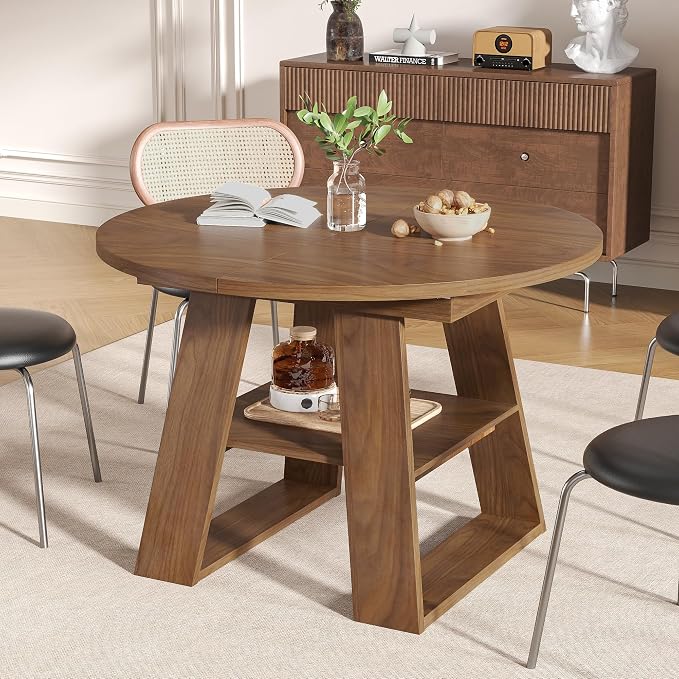 43.3in-59in Extendable Round Dining Table for 4-8, Modern Kitchen Oval Dining Table with Removable Leaves Space Saving, Wood Base with Storage Shelf for Kitchen Living Room, Walnut Style 2