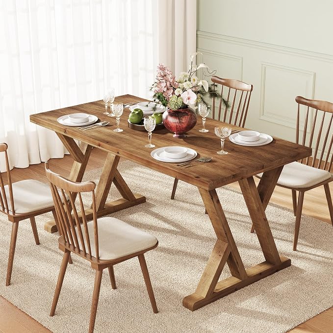 Solid Wood Dining Table for 4-6 People, 63 Inches Wooden Farmhouse Rectangular Kitchen Dinner Table with Heavy-Duty Legs for Home, Living Room, Dining Room, Rustic Brown