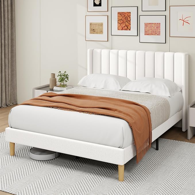 alazyhome Platform Bed Frame Queen Size with Upholstered Headboard, Solid Wood Slats Support, No Box Spring Needed, Noise Free, Easy Assembly, Modern Fabric Bed, White