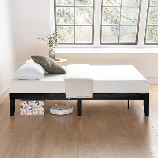 Mellow Naturalista Classic 12 Inch Solid Wood Platform Bed with Wooden Slats, Queen, Black