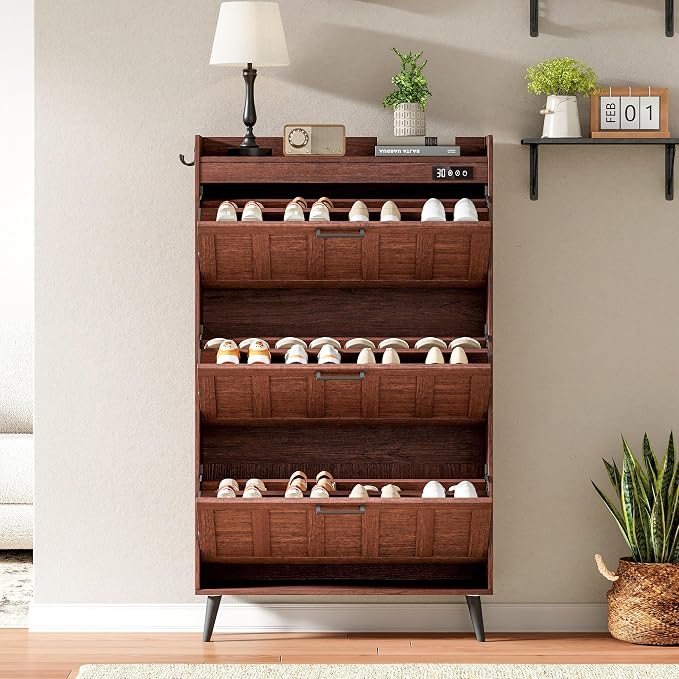 ChooChoo Shoe Storage Cabinet with 3 Flip Drawers, Deodorizing Shoe Organizer Storage for Entryway, Freestanding Hidden Slim Narrow Shoe Rack Cabinet, Walnut