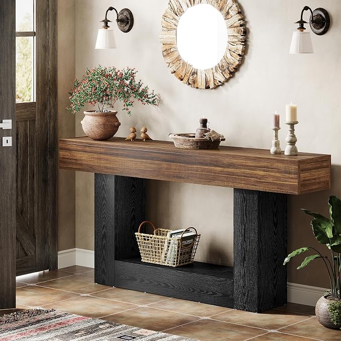 Tribesigns 63" Console Table, Farmhouse 2-Tier Entryway Table with U-Shaped Base, Narrow Long Wood Behind Couch Table for Living Room, Hallway, Foyer, Dark Brown & Black