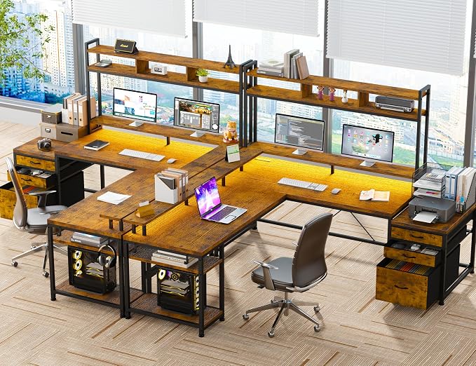 EnHomee 104" L Shaped Desk, 4 Layout Convertible RGB Lights & Monitor Stand | 4-layout l shaped home workstation, 64–104“expandable, charging ports, dual mounts & storage for remote workers, designers