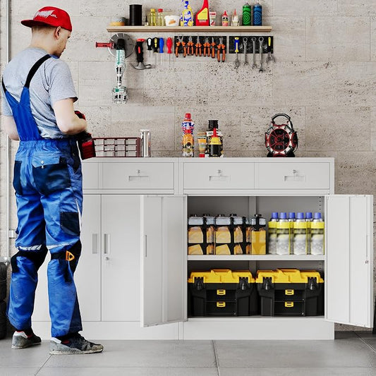 Locking Storage Cabinet, 36" H Metal Storage Cabinet, Metal Garage Storage Cabinet for Home, School, Office, Garage, White