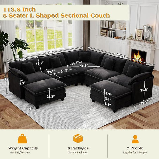 113.8" Modular Sectional Sofa,Cloud Couch for Living Room,Modern Deep Seat Sofa 5 Seater Chenille Fabric Comfy L Shaped Couches with Throw Pillows & Movable Ottoman for Apartment