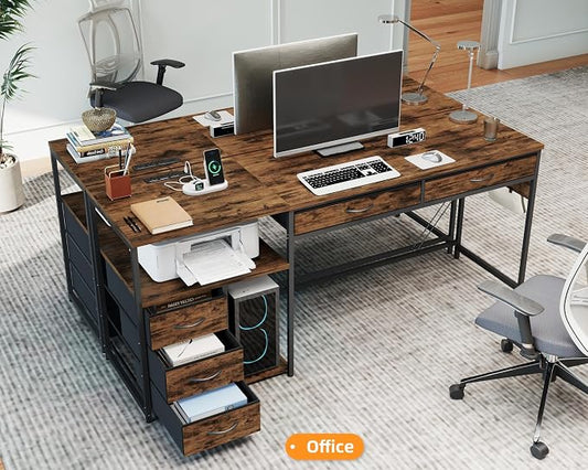 YOSHOOT 60" Computer Desk with 5 Fabric Drawers, Gaming Desk Table | Desk with Storage and Power Outlets, for Adults and Teenagers Working Writing Study, Rustic Brown
