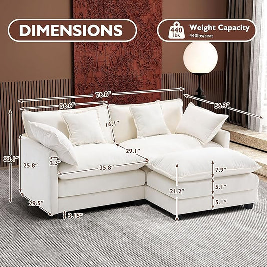 Ihanherry 77" L Shaped Modern Sofa Modular Sectional Cloud Couch with Ottoman, 3-Seat Chenille Deep Seat Sofa with Pillow for Living Room, Bedroom and Apartment, Beige