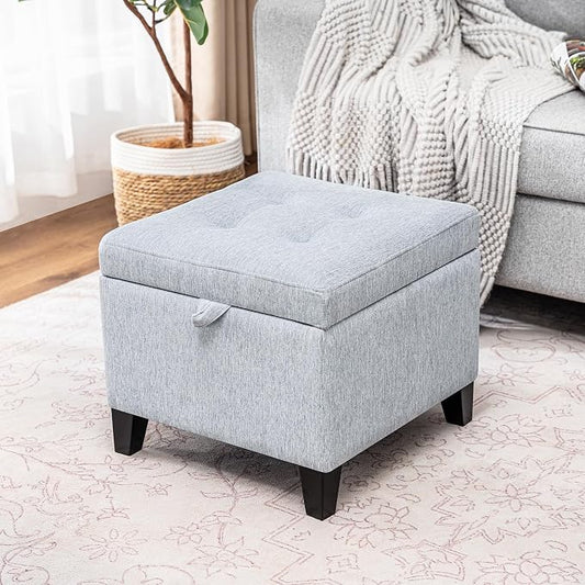 Adeco 18-inch Linen Storage Ottoman for Living Room & Bedroom, Upholstered Footrest Stool and Extra Seat with Safety Hinge Lid, Solid Wood Legs, Ice Grey