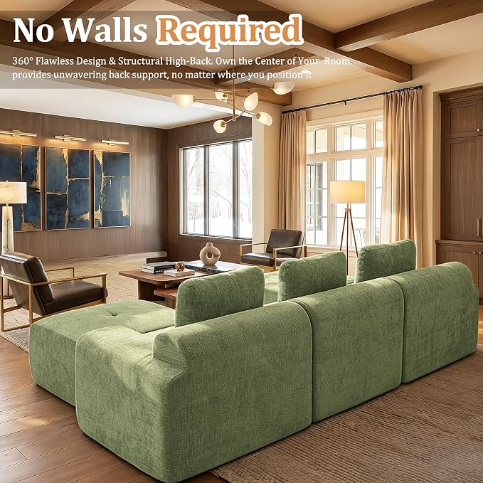122" Oversized Boneless Couch, Comfort Cloud Sectional Couches for Living Room, Modular Sofa High Back & Extra Deep Seat, No Assembly, Soft Chenille Fabric (Olive Green, 122 inch-(3+0))