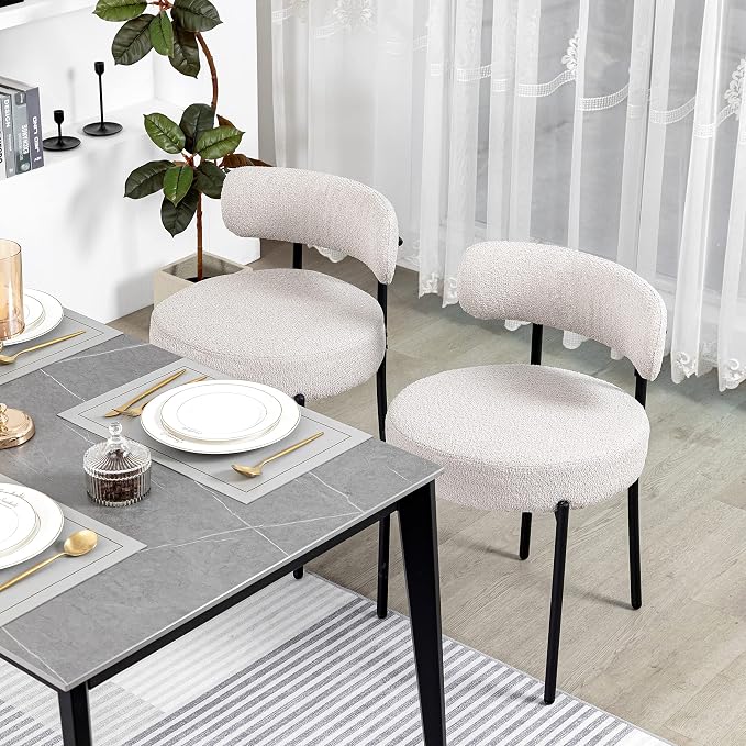 DYHOME Light Grey Boucle Dining Chairs Set of 2, Mid Century Modern Upholstered Kitchen Chairs with Curved Backrest and Black Metal Legs