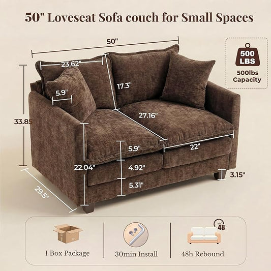 Loveseat Sofa with Cloud 3-Layer Cushion & 27" Deep Seat, Modern Love Seat Small Couch with 2 Washable Pillows for Small Spaces, Bedroom, Apartment, Office, Living Room, in a Box, 50-Inch Cocoa Brown
