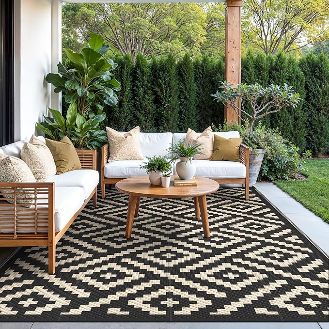 GENIMO 5'x8' Outdoor Rug Waterproof, Reversible Mats, Area Rug, Plastic Outside Carpet, Geometric Rv Mat for Patio Camping Rv Picnic Backyard Deck Balcony Porch Beach Trailer (Black & Beige)