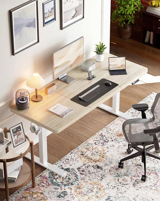 HUANUO 60 x 30 inch Large Standing Desk, Powerful Brushless Motor Large Height Adjustable Table, 4 Memory Preset Stand Up Work Station Sit Stand Desk, Home Office with Thick T-Shaped Frame,Natural