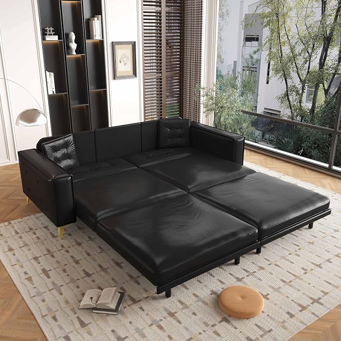 92.1'' King Pull out Sofa Bed, Convertible Futon Couch, 3-in-1 Faux Leather Sleeper Sofa with Tufted Back, 2 Pillows, Gold Legs, Deep Folding Loveseat Couches for Living Room, Apartment, Black