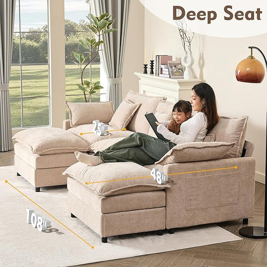 GOSUHI 108" U-Shaped Modular Cloud Couch, Chenille Flat White | Cloud Comfort, Deep Seat, Couches for Living Room, Removable&Machine-Washable Covers, Movable Ottoman, Modular Sectional Sofa