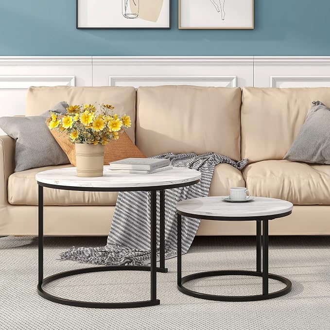 HOJINLINERO Round Coffee Table,Nesting Coffee Table Set of 2,Center Tables for Living Room,Office, Home Small Space,Stacking Side Tables,Sturdy and Easy Assembly,Wood Desktop,Black+White,Large