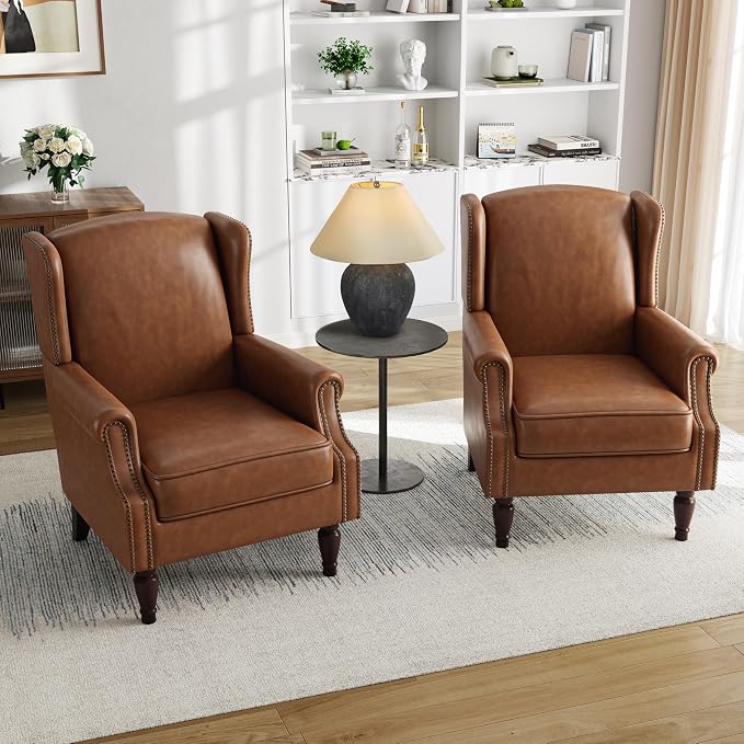 Pia Ricco Set of 2 Faux Leather Accent Chairs, High Back Wingback Armchairs with Retro Floral Design, Nailhead Trim & Solid Wood Legs for Living Room Bedroom Home Office (Brown)